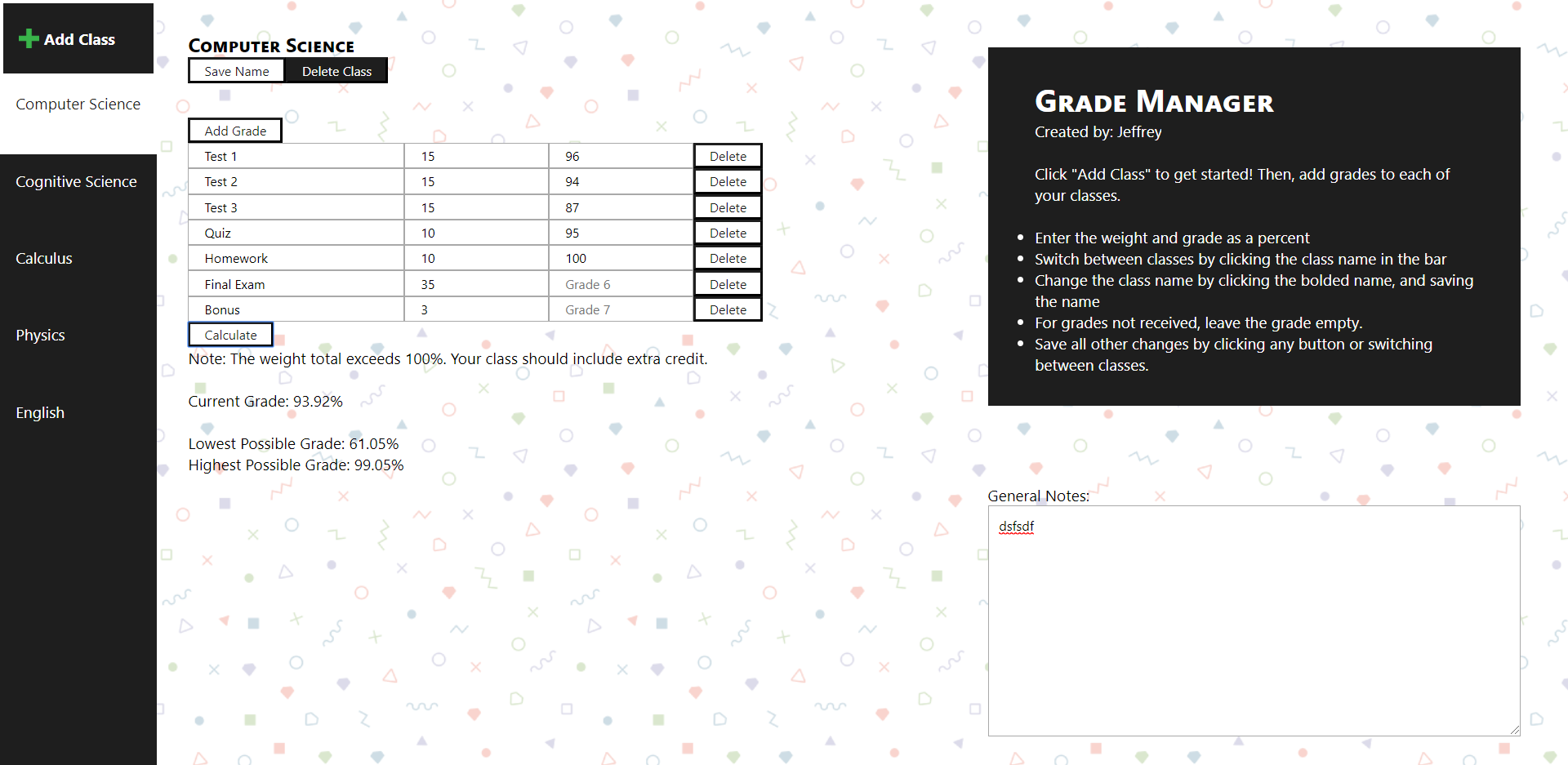 Grade Manager snapshot