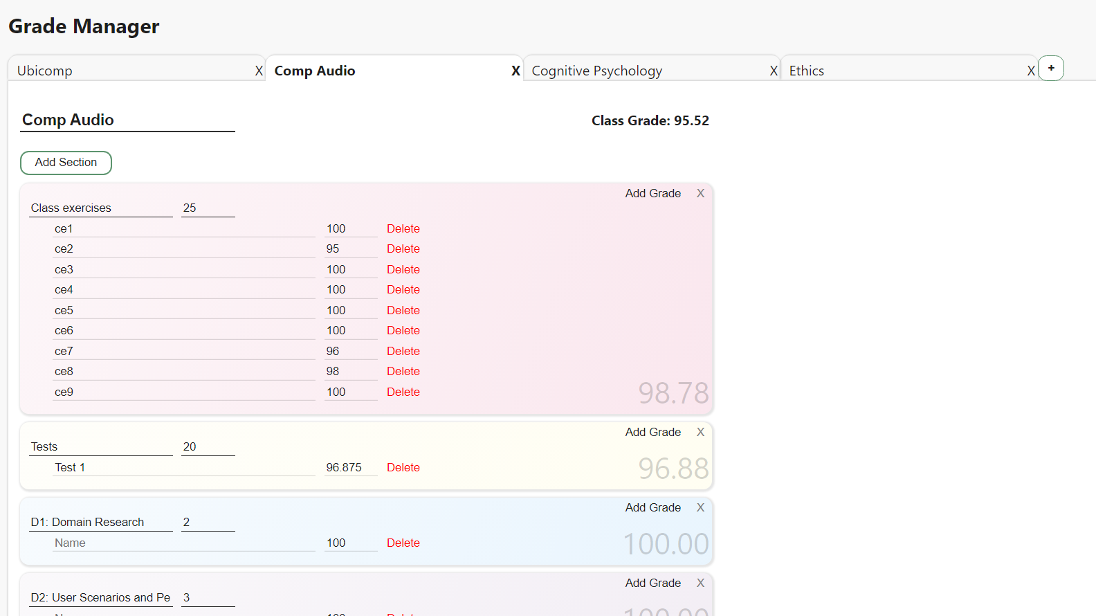 Grade Manager 2.0 snapshot
